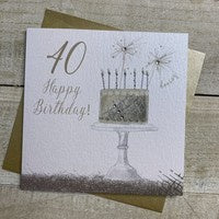 Age 40th Card: Cake on Stand Sparklers Hand Finished Crystals & Glitter - Gold - White Cotton Cards