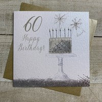 Age 60th Card: Cake on Stand Sparklers Hand Finished Crystals & Glitter - Gold - White Cotton Cards