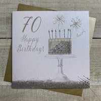 Age 70th Card: Cake on Stand Sparklers Hand Finished Crystals & Glitter - Gold - White Cotton Cards