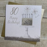 Age 80th Card: Cake on Stand Sparklers Hand Finished Crystals & Glitter - Gold - White Cotton Cards