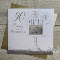 Age 90th Card: Cake on Stand Sparklers Hand Finished Crystals & Glitter - Gold - White Cotton Cards