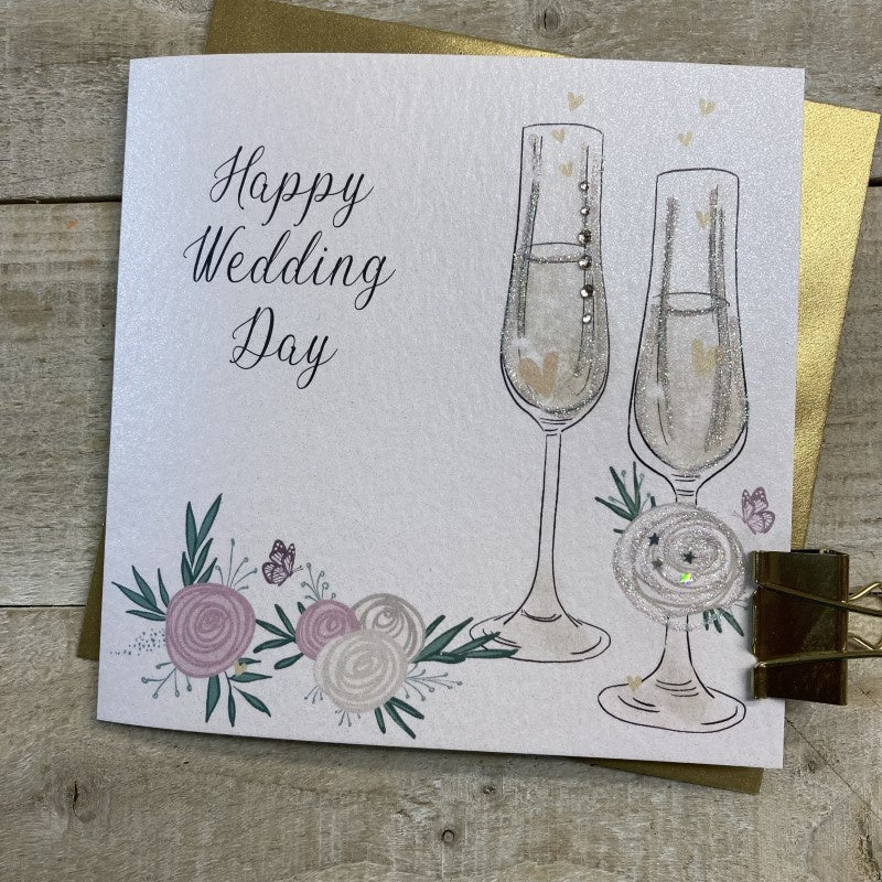 Wedding Card: Flutes Flowers - White Cotton Cards