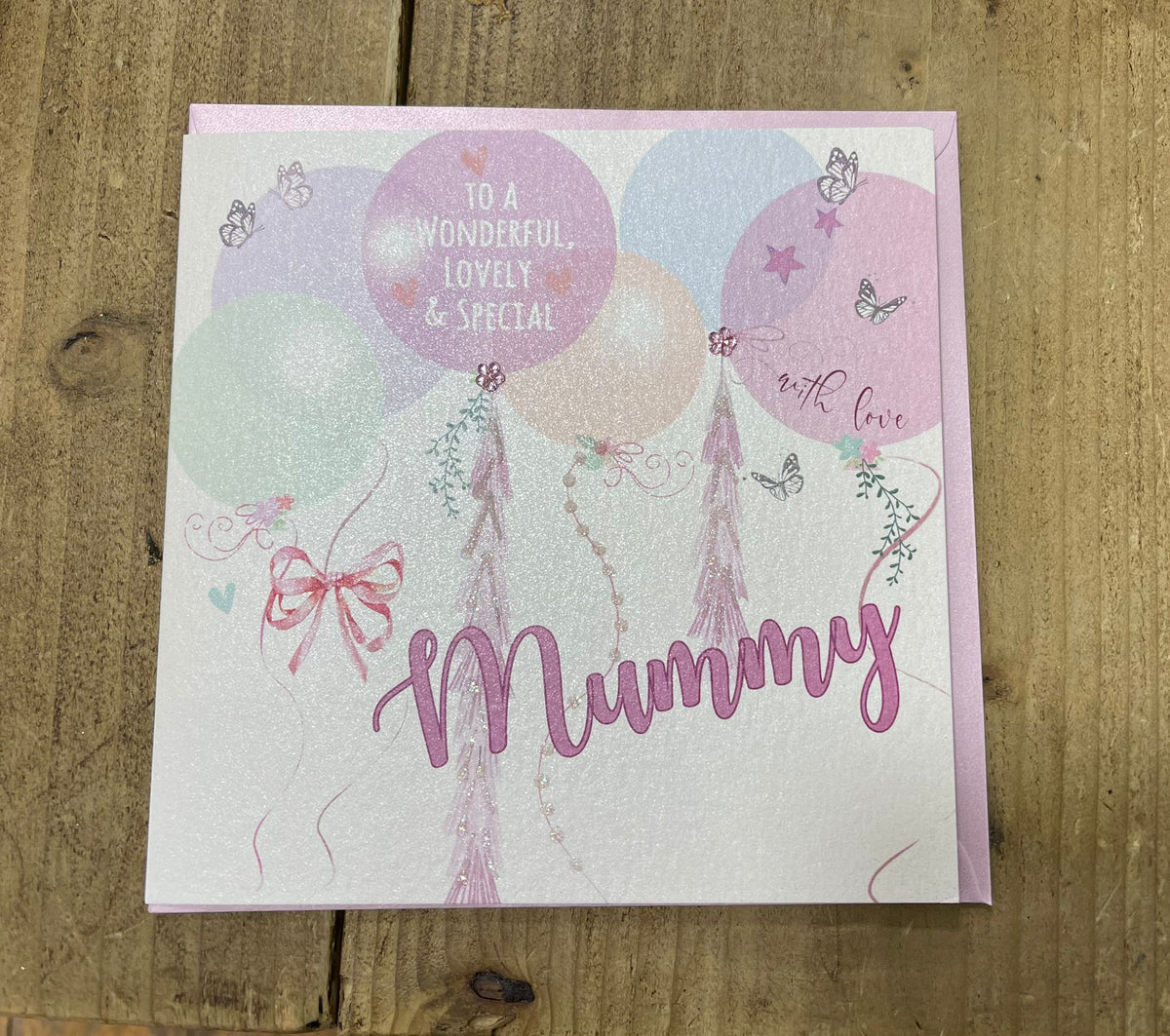 Mummy Card: Balloons & Butterflies Handmade Crystals - Pink - White Cotton Cards