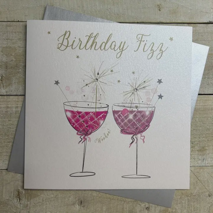 Birthday Card: FIZZ - COCKTAILS Hand Finished Crystals & Glitter - Pink - White Cotton Cards