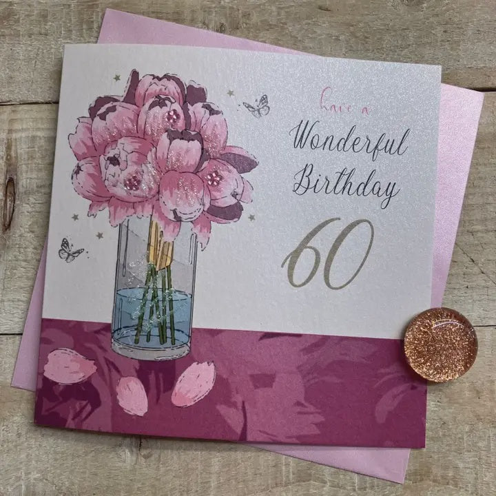 Age 60th Card: Flower Vase Hand Finished Crystals & Glitter - Pink - White Cotton Cards