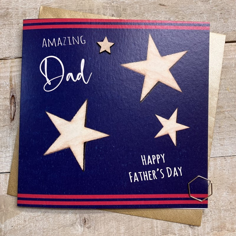 Father's Day Card: Amazing Dad Wooden Star - White Cotton