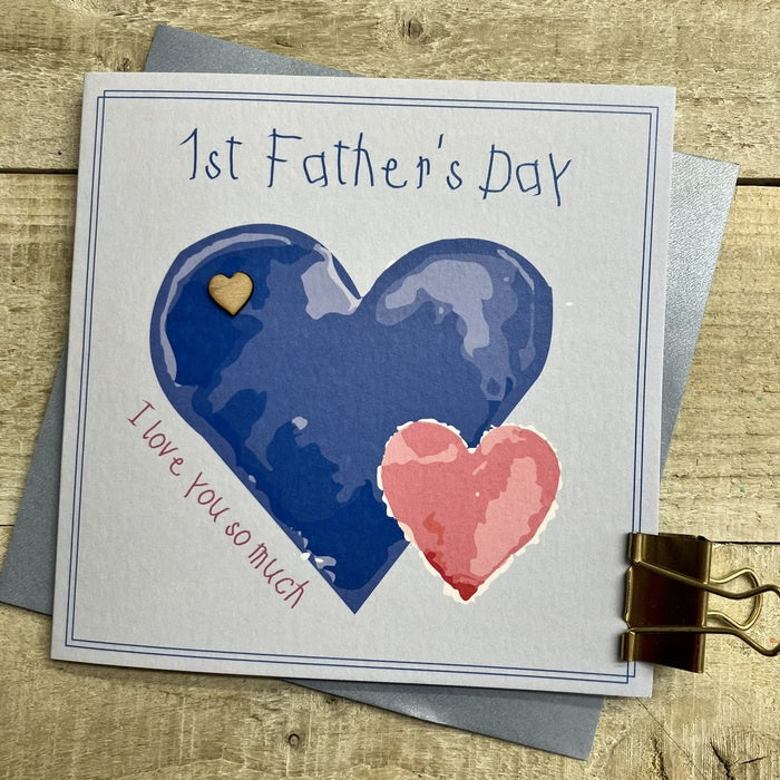 Father's Day Card: 1st Father's Day - 2 Hearts Blue/Pink