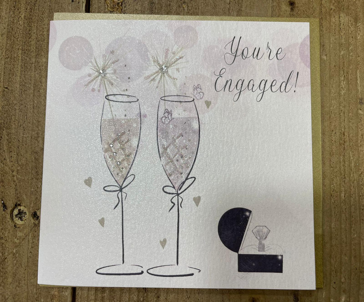 Engagement Card: Ring Sparkler Flutes Glitter Crystals Handmade Crystals Glitter - White - White Cotton Cards