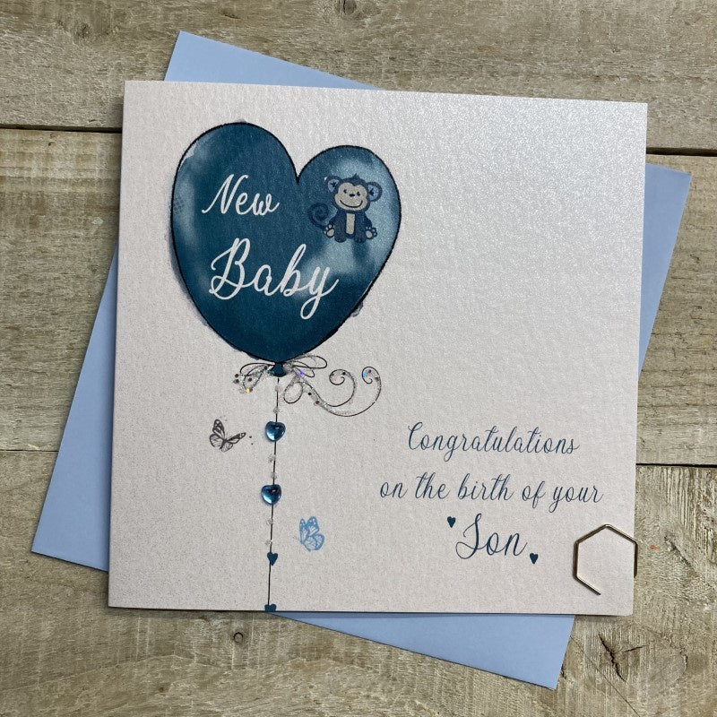 New Baby Card: Son Heart Balloon - White Cotton Cards