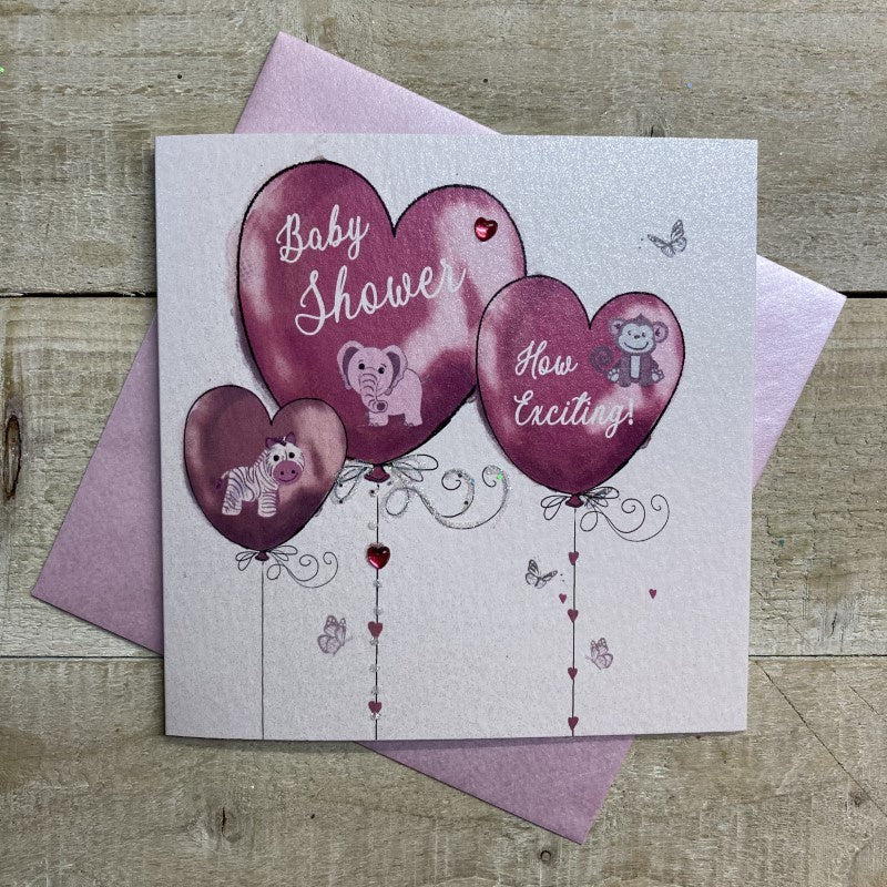New Baby Shower Card: Girl Pink Heart Balloons Toys - White Cotton Cards