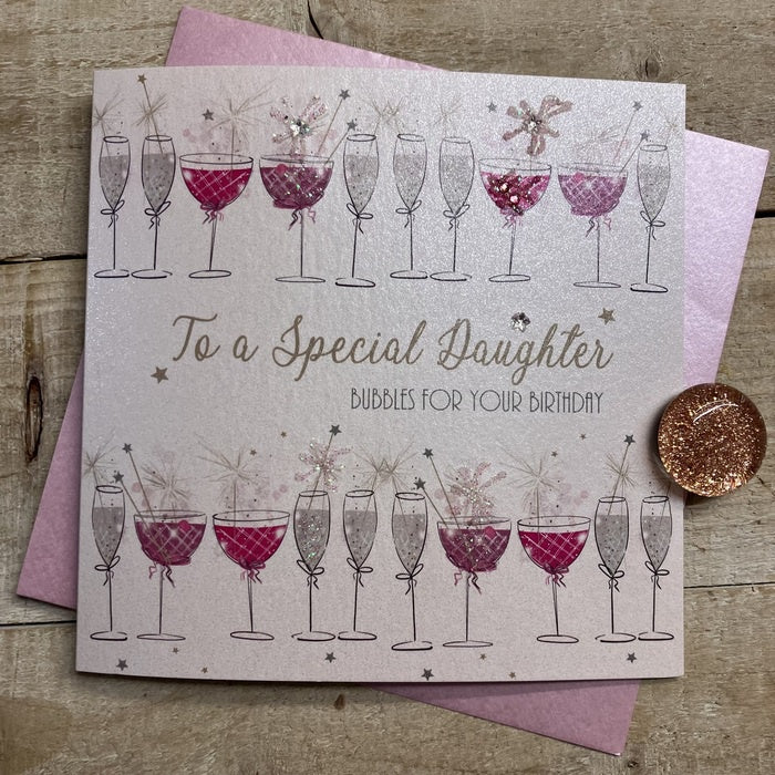 Daughter Card: Birthday  Bubbles Lots Of Cocktails - Pink -  - White Cotton Cards”