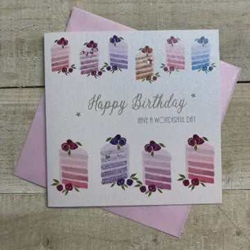 BirthdaBirthday Card: Slices Of Cake - Pastels - Hand Finished Crystals & Glitter - Silver - White Cotton Cards