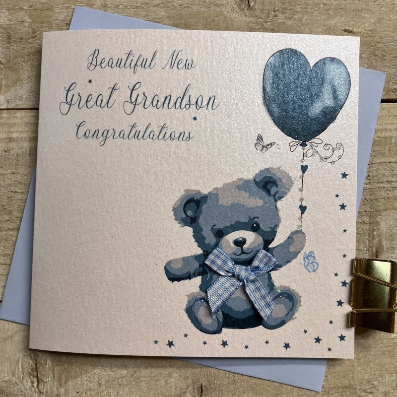 New Baby Card: Grandson Blue Teddy - White Cotton Cards