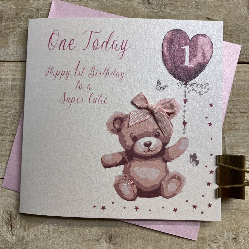 Childrens Age 1st Card: First Pink Teddy - White Cotton Cards