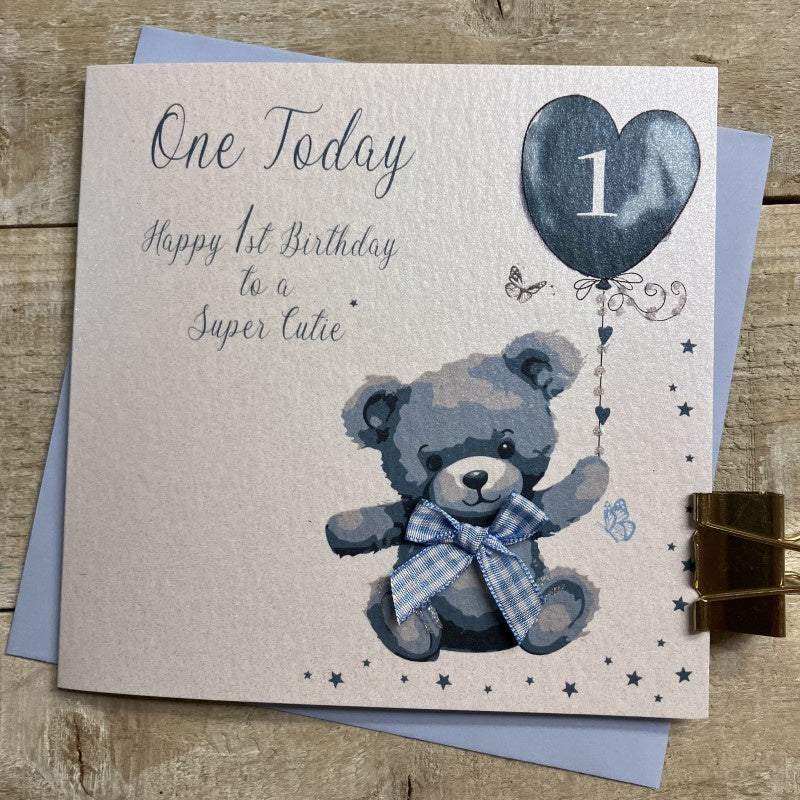 Childrens Age 1st Card: First Blue Teddy - White Cotton Cards