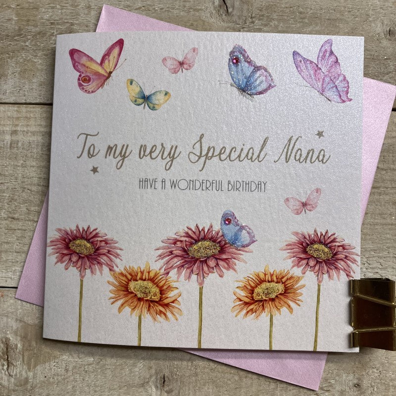 Nana Card: Lots Of Flowers & Butterflies - White Cotton Cards