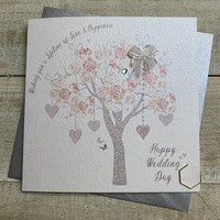 Wedding Card: ROSE TREE & HEARTS Hand Finished Crystals & Glitter - Pink - White Cotton Cards