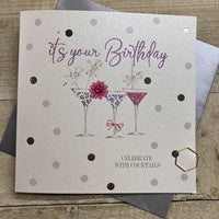 Birthday Card: DOTTY -  COCKTAILS Hand Finished Crystals & Glitter - Silver - White Cotton Cards