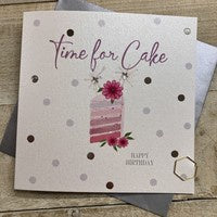 Birthday Card: DOTTY - TIME FOR CAKE  Hand Finished Crystals & Glitter - Silver - White Cotton Cards