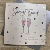 Friend Card: DOTTY -  PINK CHAMPS Hand Finished Crystals & Glitter - Silver - White Cotton Cards