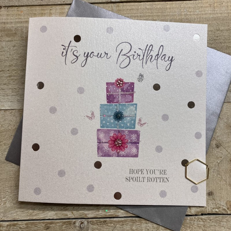 Birthday Card: DOTTY - Stack Of Presents Hope You Are Spoilt  Hand Finished Crystals & Glitter  - White Cotton Cards