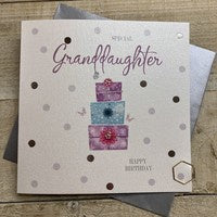 Granddaughter Card: DOTTY - STACK OF PRESSIES Hand Finished Crystals & Glitter - Silver - White Cotton Cards
