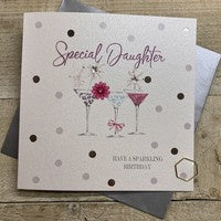 Daughter Card: DOTTY - 3 X COCKTAIL GLASSES Hand Finished Crystals & Glitter - Silver - White Cotton Cards