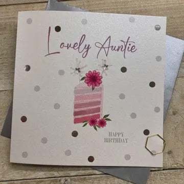 Auntie Card: Dotty Cake With Flowers Happy Birthday - White Cotton Cards