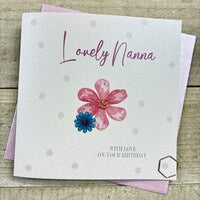 Nanna Card: Dotty Cake Hand Finished Crystals & Glitter Blue Flower - White Cotton Cards