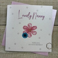 Nanny Card: Dotty Cake Hand Finished Crystals & Glitter Blue Flower - White Cotton Cards