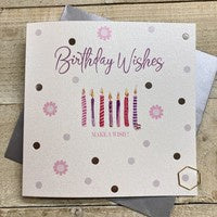 Birthday Card: DOTTY -  WISHES - PRETTY CANDLES Hand Finished Crystals & Glitter - Silver - White Cotton Cards