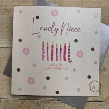 Niece Card: Dotty Make A Wish Candles - White Cotton Cards
