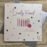 Friend Card: DOTTY - LOVELY PRETTY CANDLES Hand Finished Crystals & Glitter - Silver - White Cotton Cards