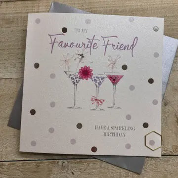 Friend Card: DOTTY - Cocktails Hand Finished Crystals & Glitter - Silver - White Cotton Cards