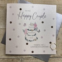 Wedding Card: DOTTY -  HAPPY COUPLE - CAKE Hand Finished Crystals & Glitter - Silver - White Cotton Cards