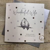 Anniversary Card: Wife  DOTTY -  LOVE BIRDS Hand Finished Crystals & Glitter - Silver - White Cotton Cards
