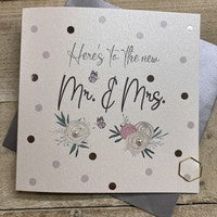 Wedding Card: DOTTY - MR & MRS Roses Hand Finished Crystals & Glitter - Silver - White Cotton Cards