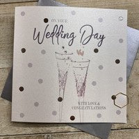 Wedding Card: DOTTY -  CRYSTAL FLUTES Hand Finished Crystals & Glitter - Silver - White Cotton Cards