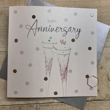 Anniversary Card: Dotty Champagne Flute Glasses Hand Finished Crystals & Glitter