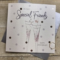Anniversary Card: Special Friends DOTTY - CRYSTAL FLUTES Hand Finished Crystals & Glitter - Silver - White Cotton Cards