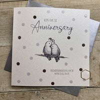 Anniversary Card: Our DOTTY - LOVE BIRDS Hand Finished Crystals & Glitter - Silver - White Cotton Cards