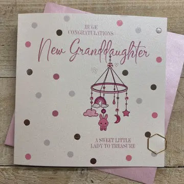 New Baby Card: Granddaughter Pink Mobile - White Cotton Cards
