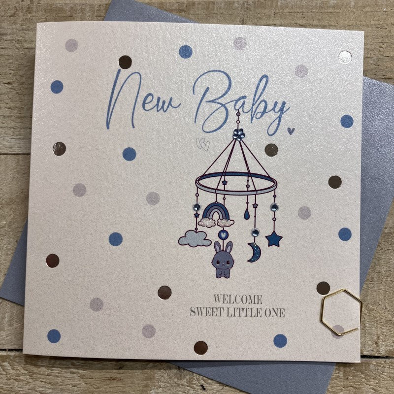 New Baby Card: Dotty New Baby Boy Mobile - Hand Finished Crystals & Glitter - White Cotton Cards