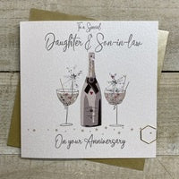 Anniversary Card:  Daughter & Son In Law Champagne Bottle And Glasses Hand Finished Crystals & Glitter