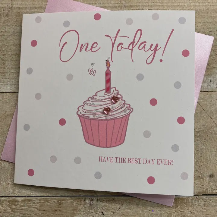 Childrens Age 1st Card: First Pink   Cupcake - White Cotton Card
