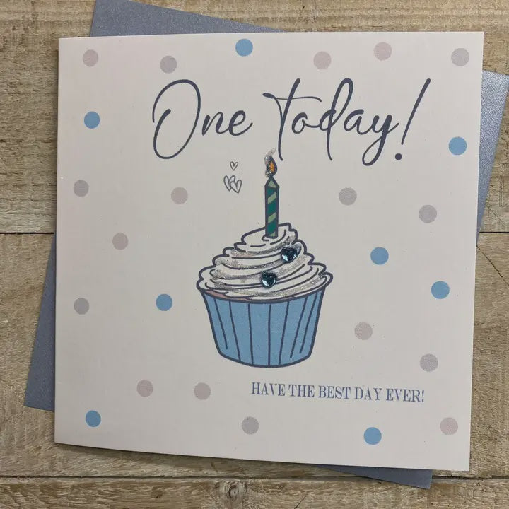 Childrens Age 1st Card: First Blue Cupcake - White Cotton Cards