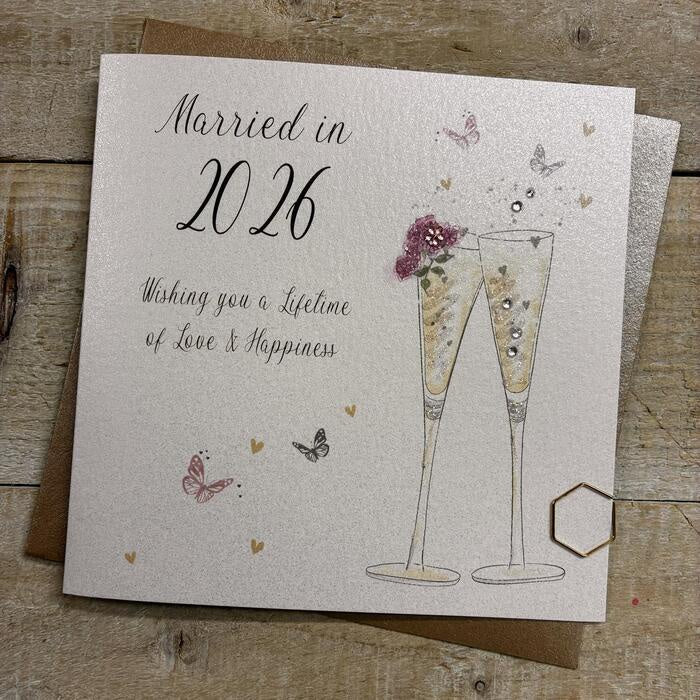 Wedding Card: MARRIED IN 2026 - FLUTES & FLOWERS Hand Finished  - White Cotton Cards