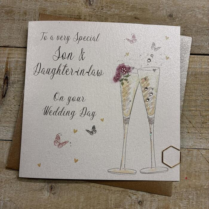 Wedding Card: SON & DAUGHTER IN LAW Flutes Hand Finished  - White Cotton Cards