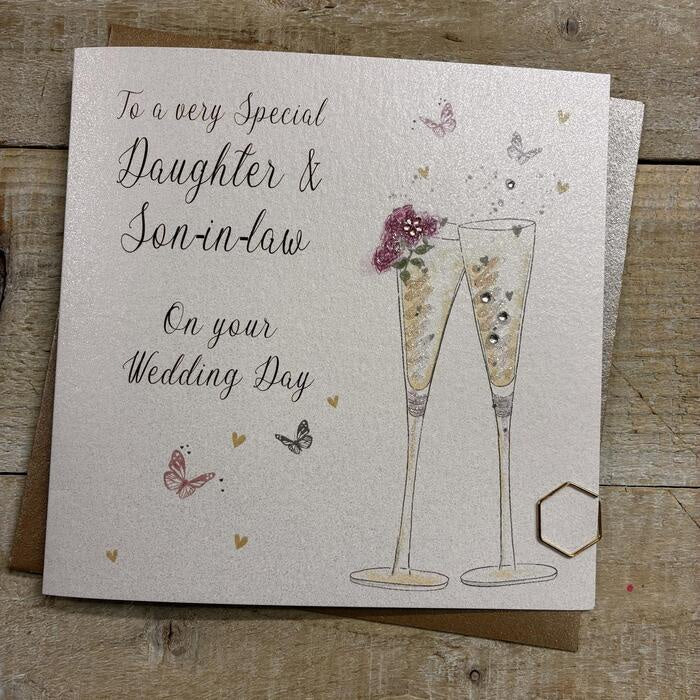 Wedding Card: DAUGHTER & SON IN LAW Flutes Hand Finished  - White Cotton Cards