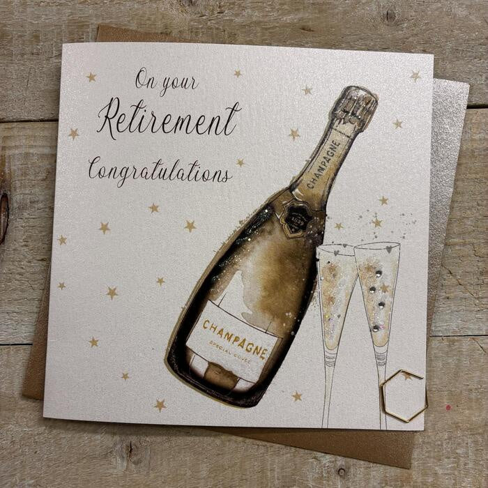 Retirement Card: GOLD CHAMPS & STARS Hand Finished  - White Cotton Cards